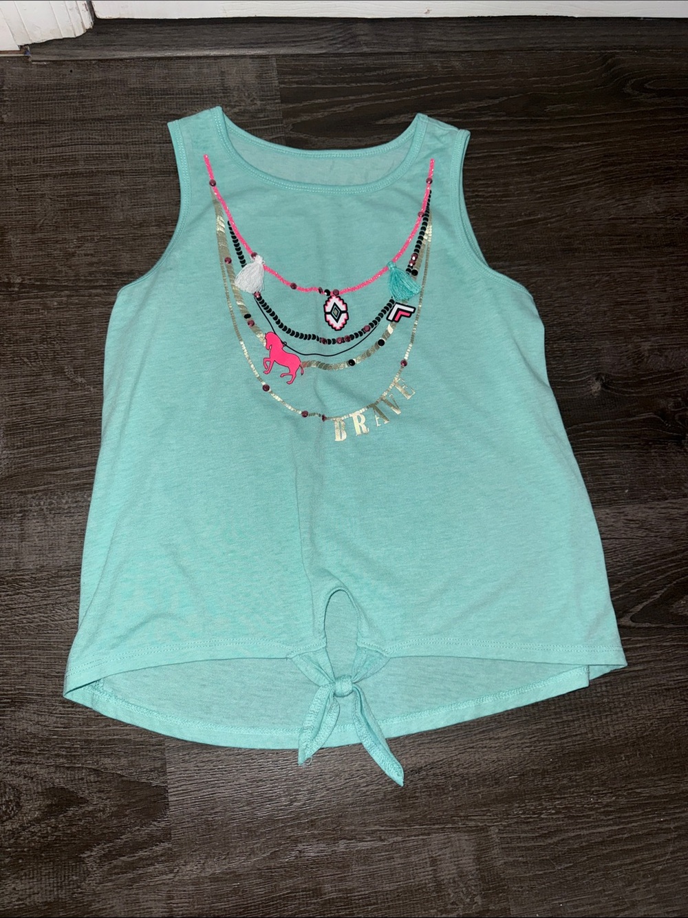 Justice Mint Green Tank Top with Pink & Gold Necklace Print